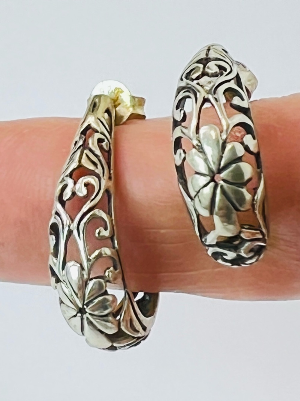 Sterling Silver Floral Scroll Hoop Earrings | Vintage-Inspired Artisan Hoops